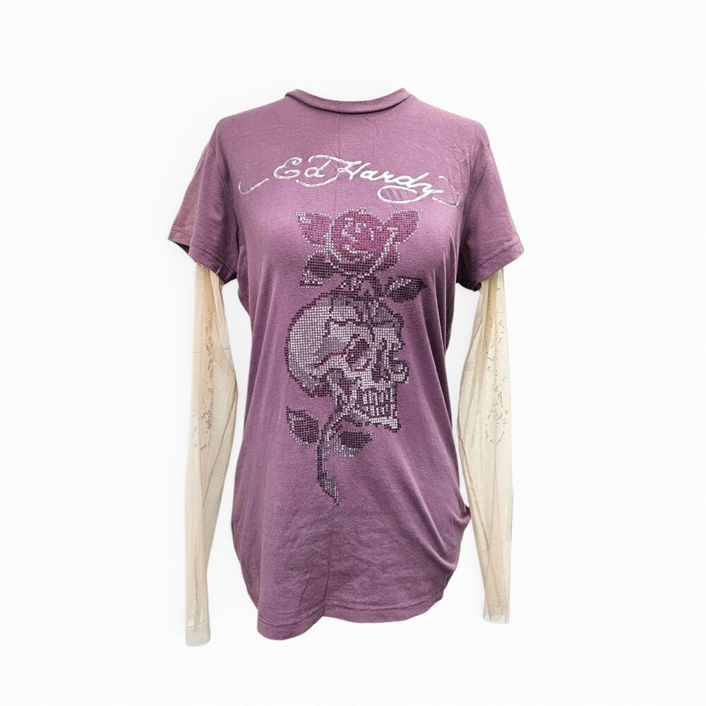 Y2k Ed Hardy McBling Top Sheer Sleeves- Large